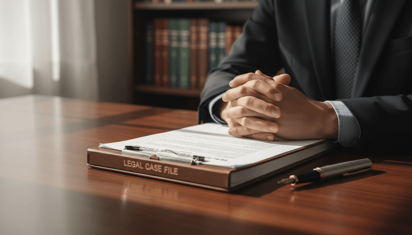 Lawyer's hands on legal documents at a wooden desk in a quiet office