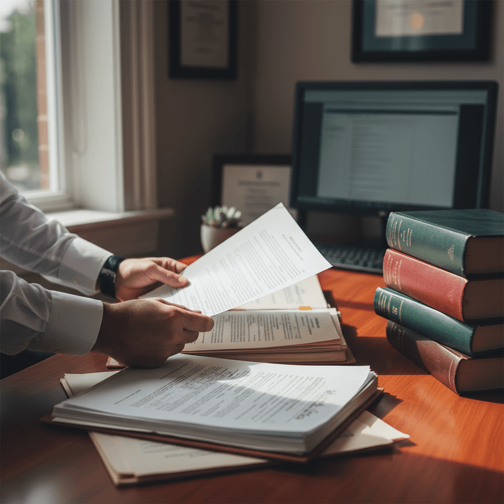 Mature attorney reviewing legal documents at a desk in a dark, wood-paneled office