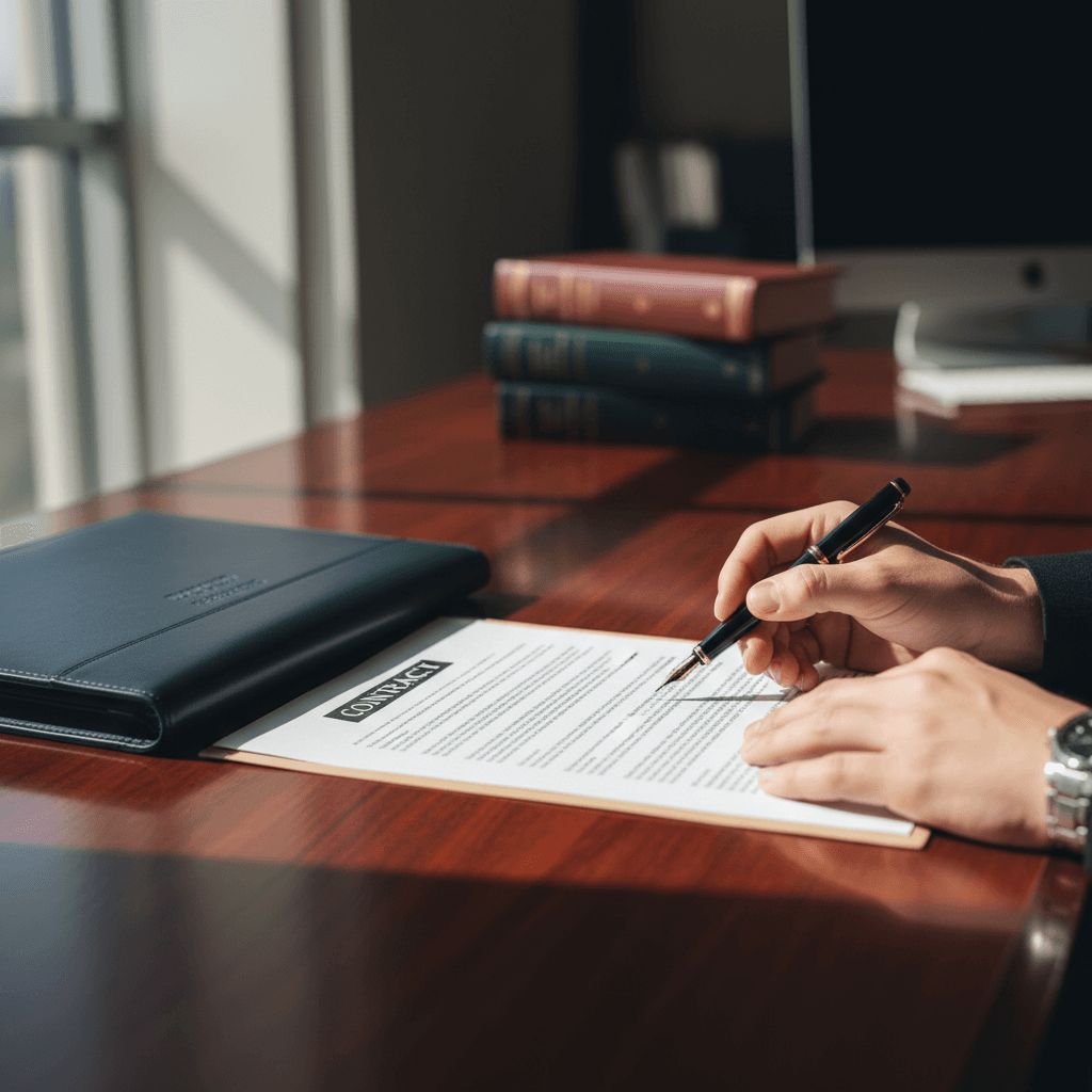Lawyer's desk with notepad and legal documents in a quiet office