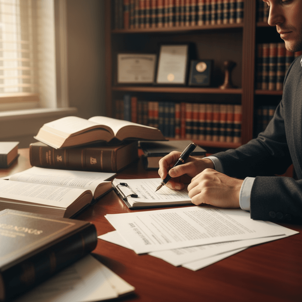 Lawyer reviewing legal documents at a wooden desk in a traditional office