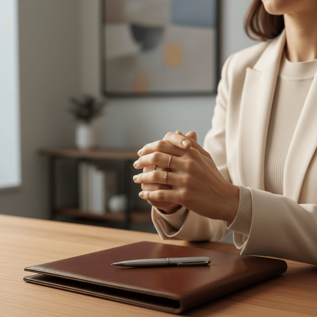 Lawyer and client in a consultation at a wooden desk in a law office