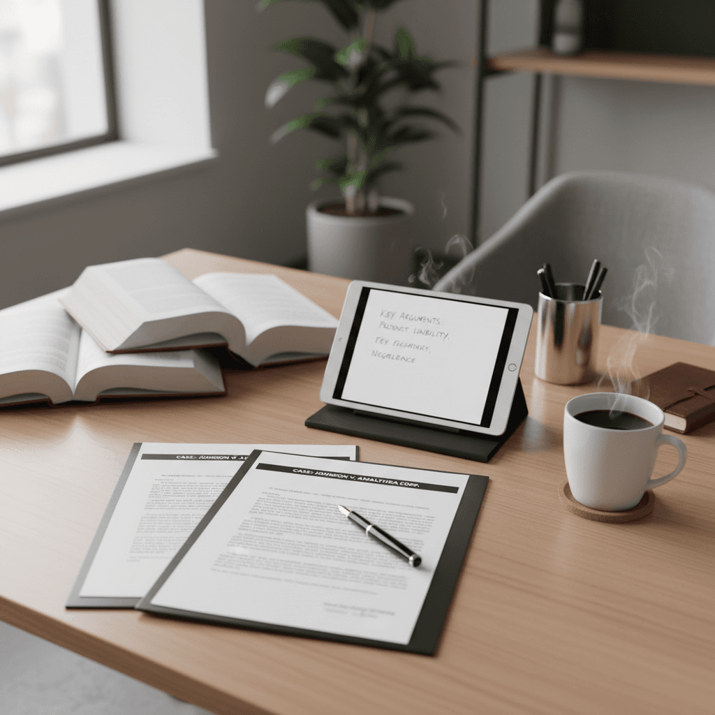 Sole practitioner's desk with legal documents in a sunlit office